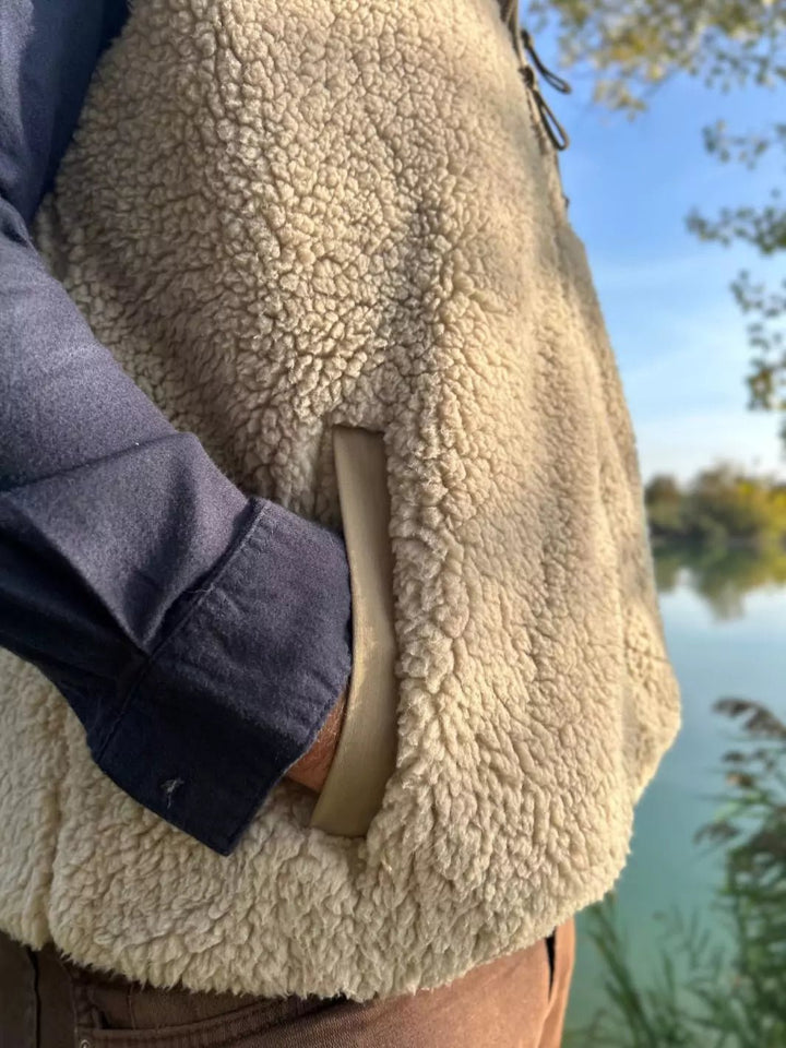 embroidered unisex annapurna teddy bodywarmer beige