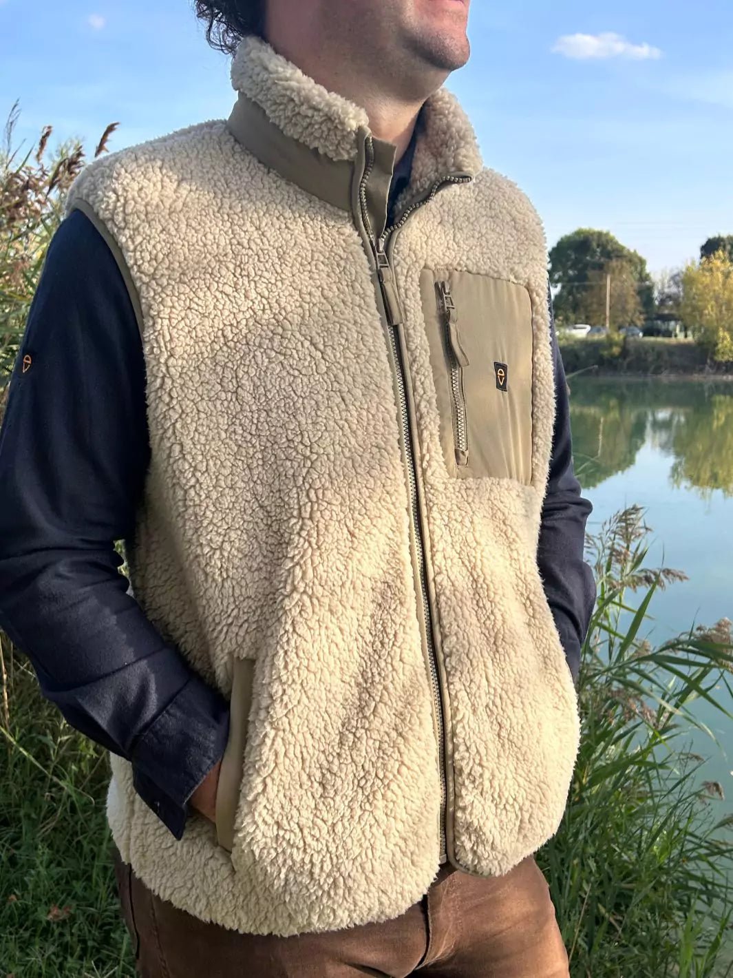 embroidered unisex annapurna teddy bodywarmer beige