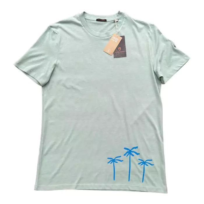 jade green organic cotton t-shirt with palm tree and surfboard print as a tribute to the city of tarifa