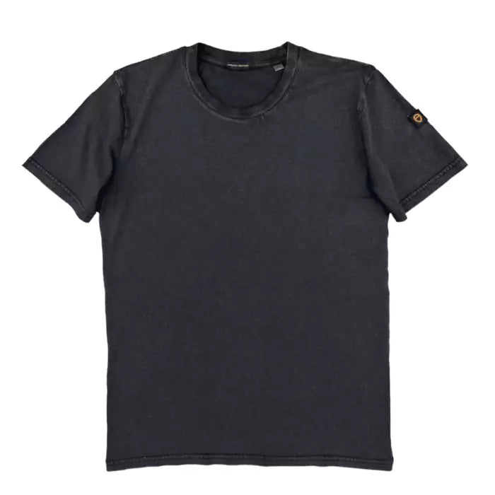 vintage black t-shirt in organic cotton with irregular washed effect on the surface