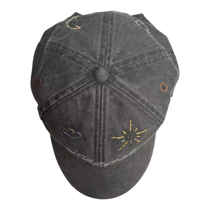 Washed black baseball cap with vintage effect embroidered with planets and "dreamer" inscription