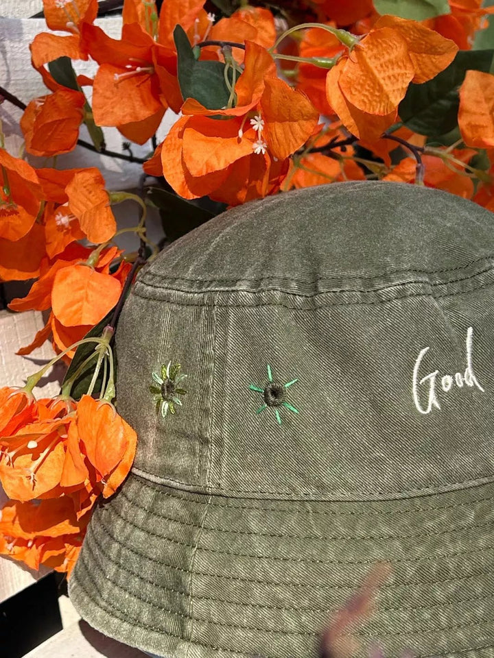 embroidered bucket hat good vibes only