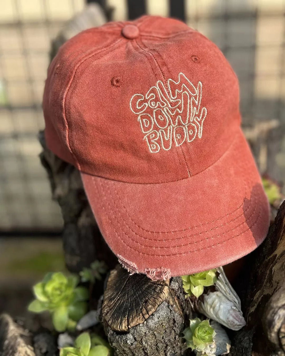 calm down buddy embroidered distressed washed out baseball cap