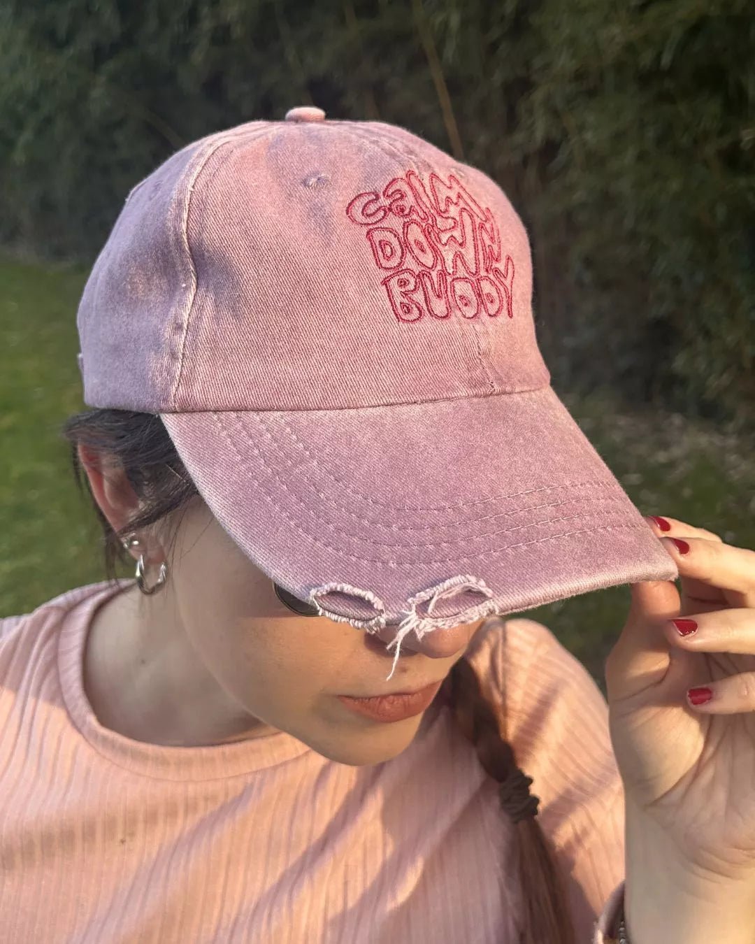 calm down buddy embroidered distressed washed out baseball cap