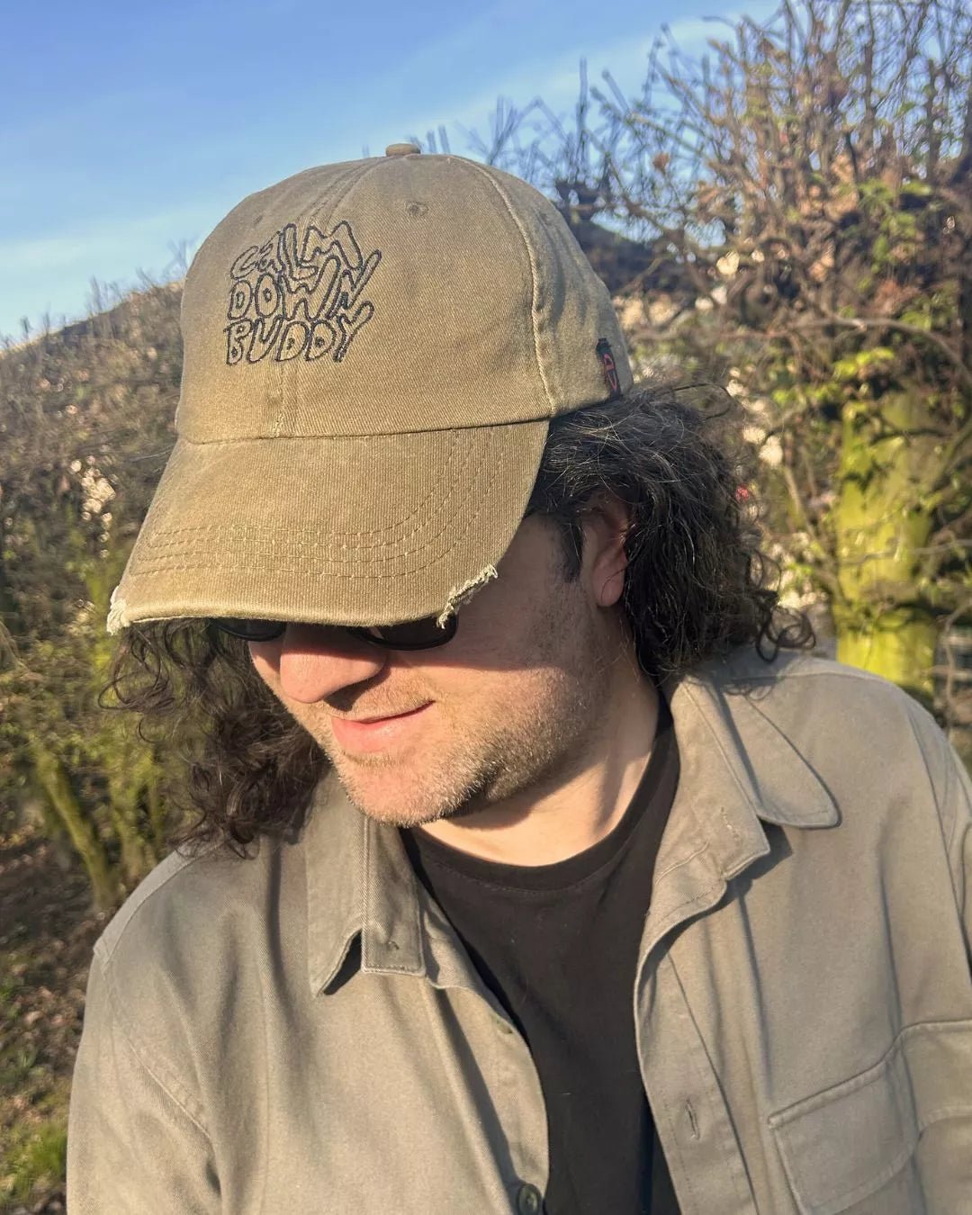 calm down buddy embroidered distressed washed out baseball cap