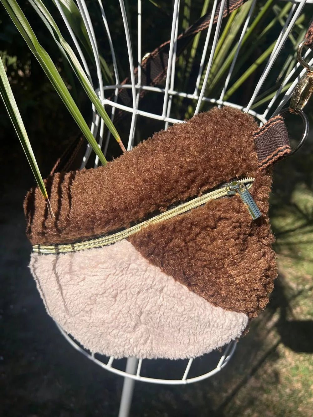 handmade chocolate brown and cream teddy belt bag