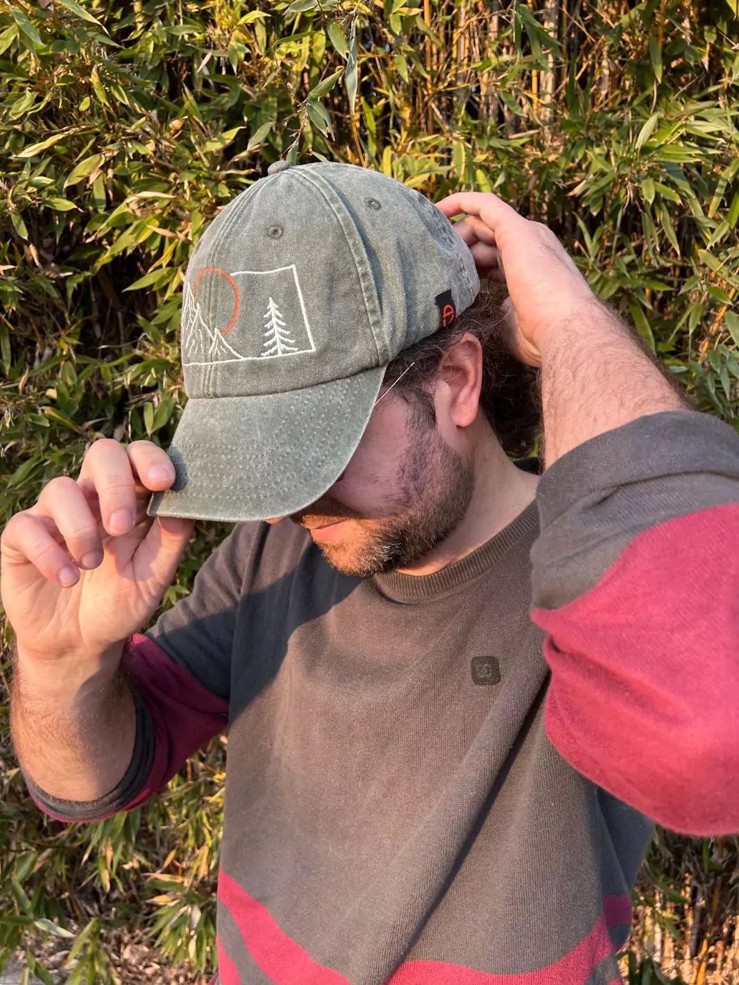 embroidered khaki baseball cap mountains