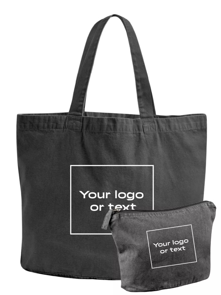 embroidered custom washed out tote bag and travel pouch