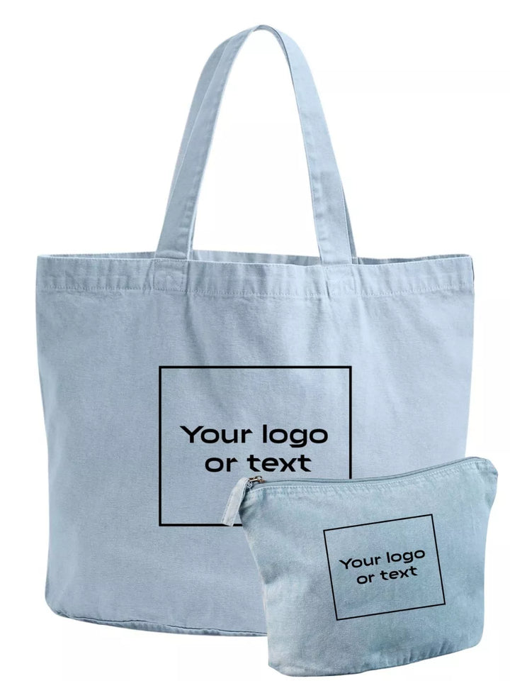 embroidered custom washed out tote bag and travel pouch