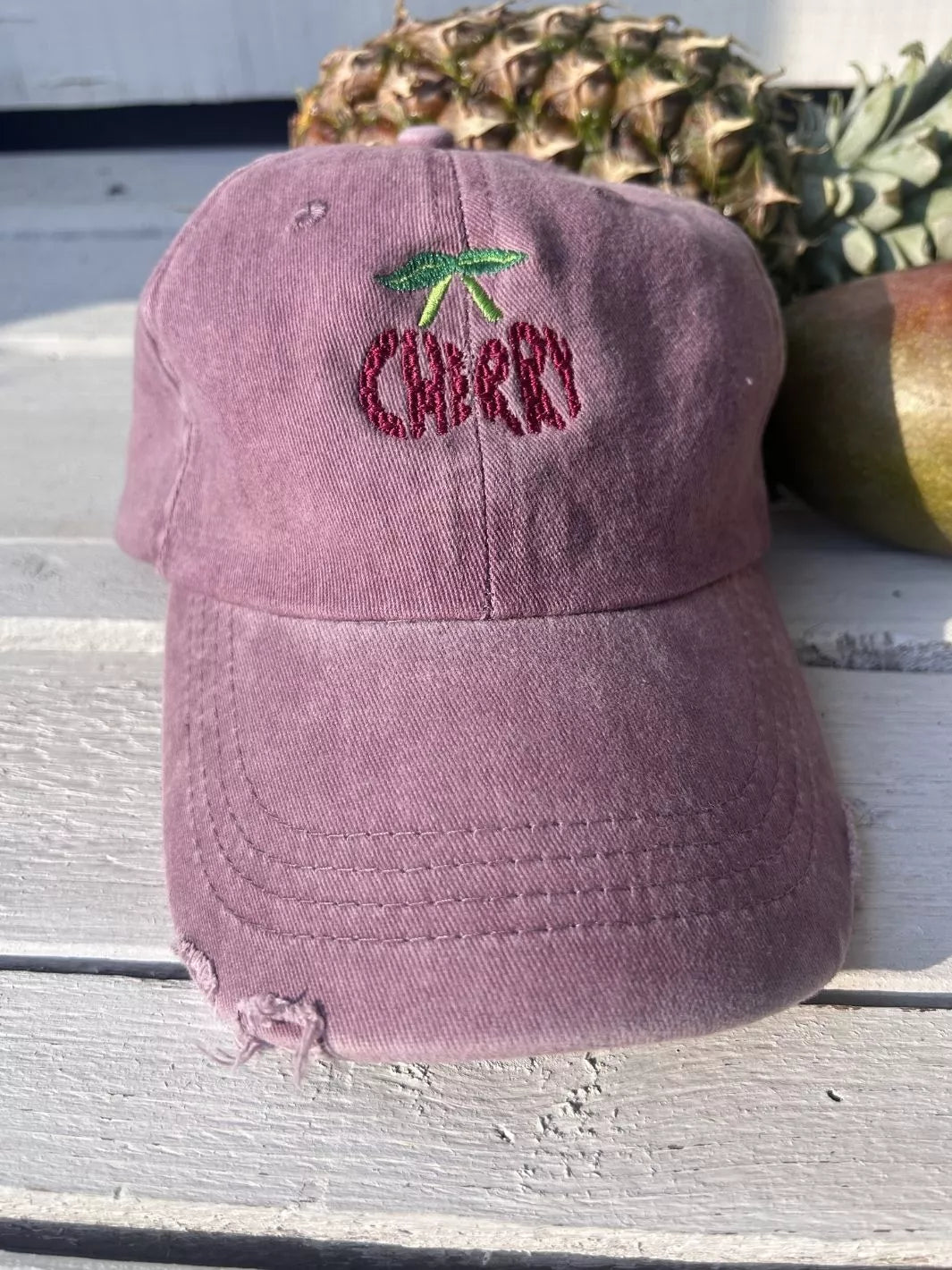 Embroidered Distressed Baseball Cap Cherry