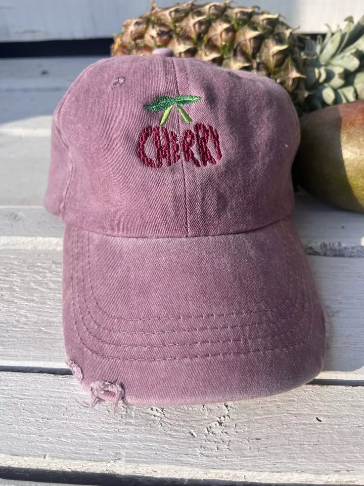 Embroidered Distressed Baseball Cap Cherry