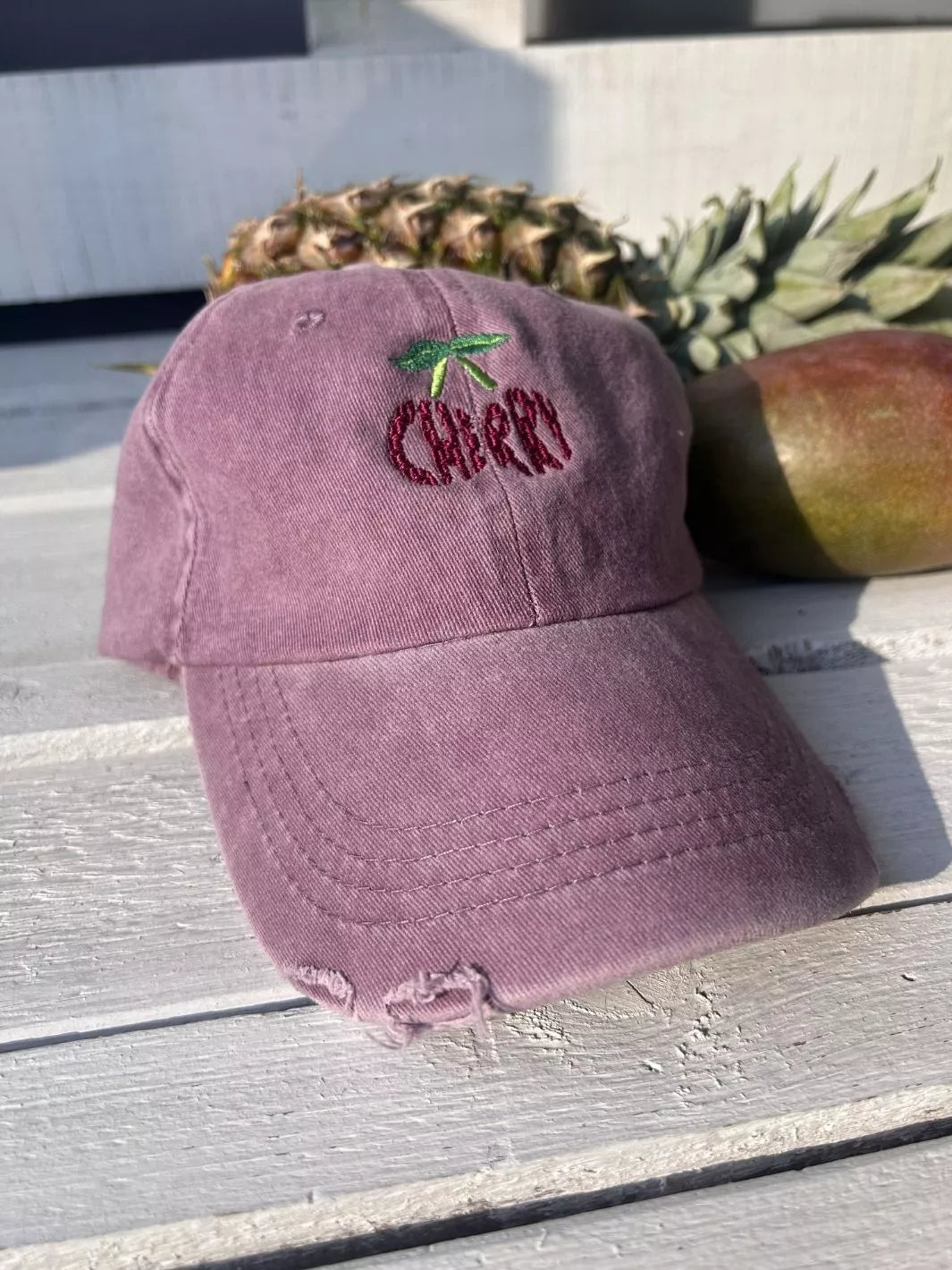 Embroidered Distressed Baseball Cap Cherry