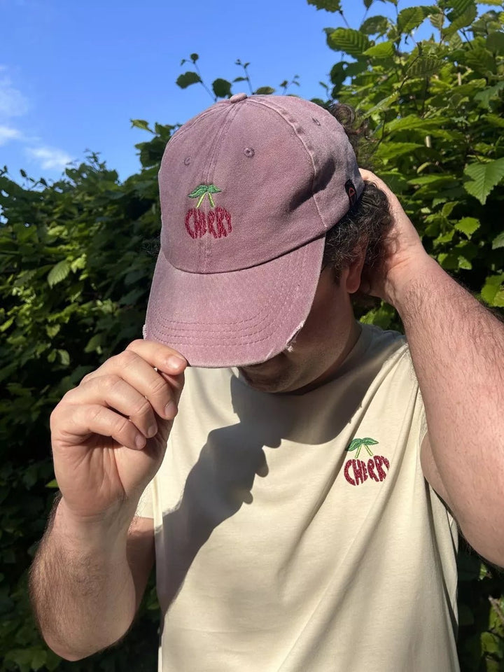 Embroidered Distressed Baseball Cap Cherry