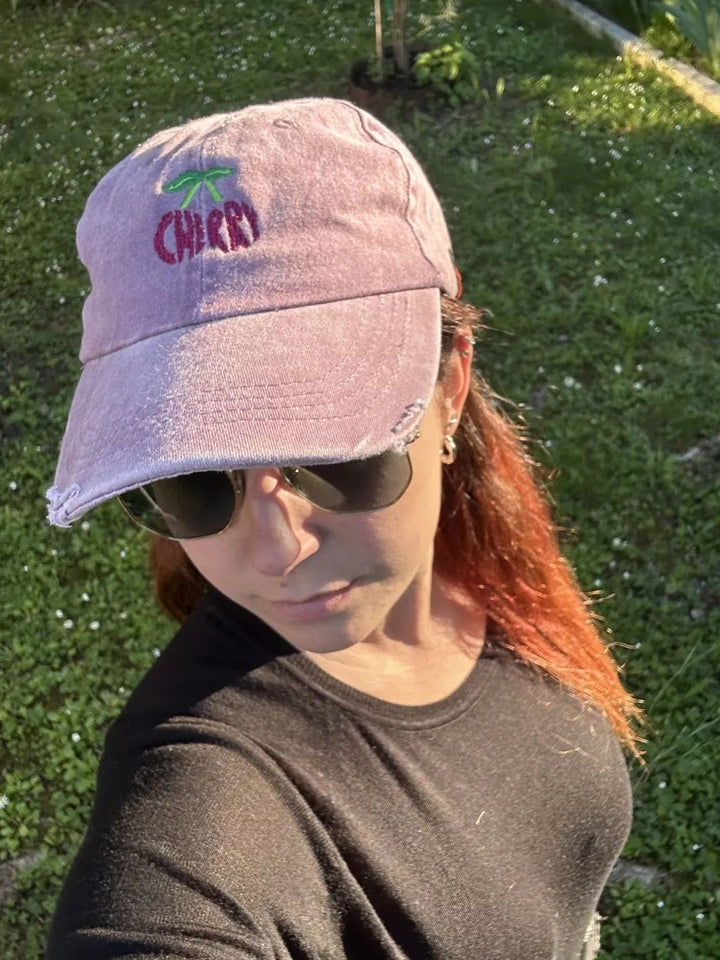 Embroidered Distressed Baseball Cap Cherry