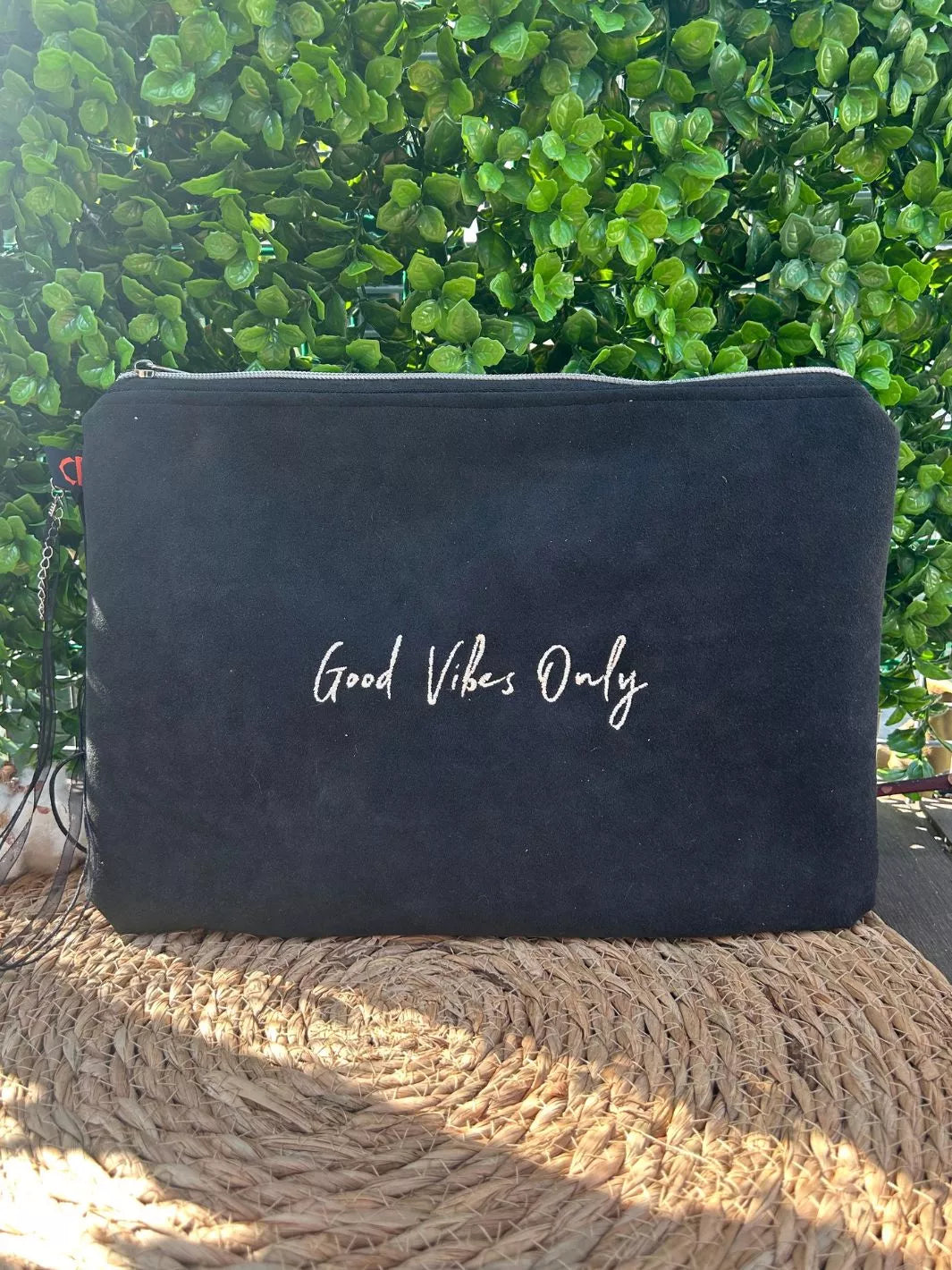 embroidered good vibes only alcantara pouch