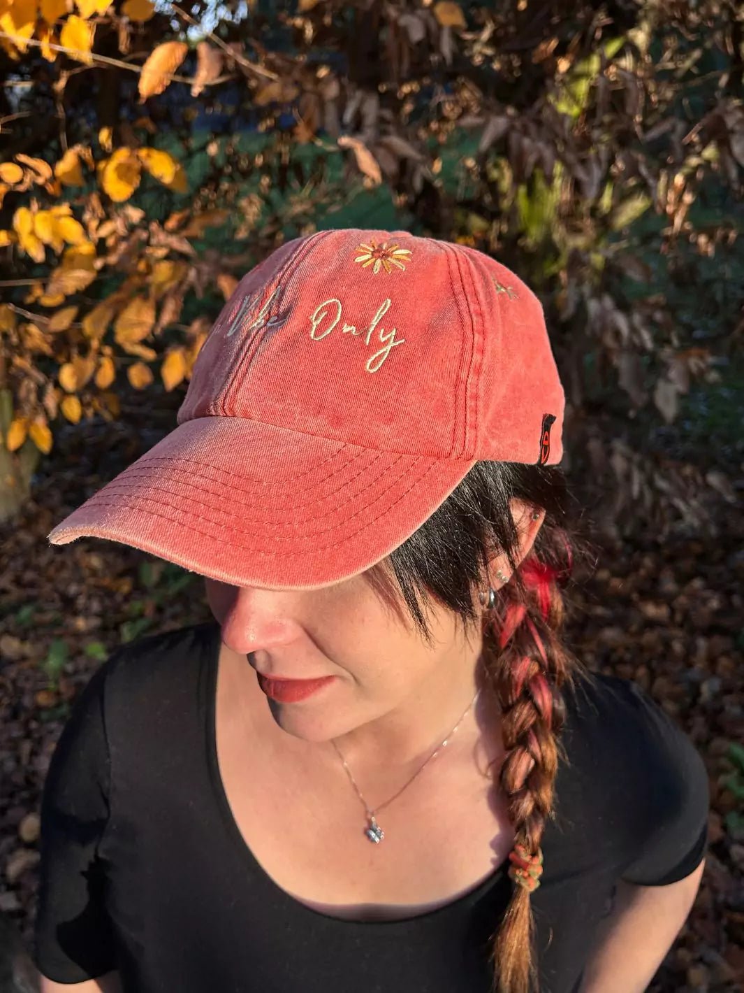 embroidered orange baseball cap good vibes only