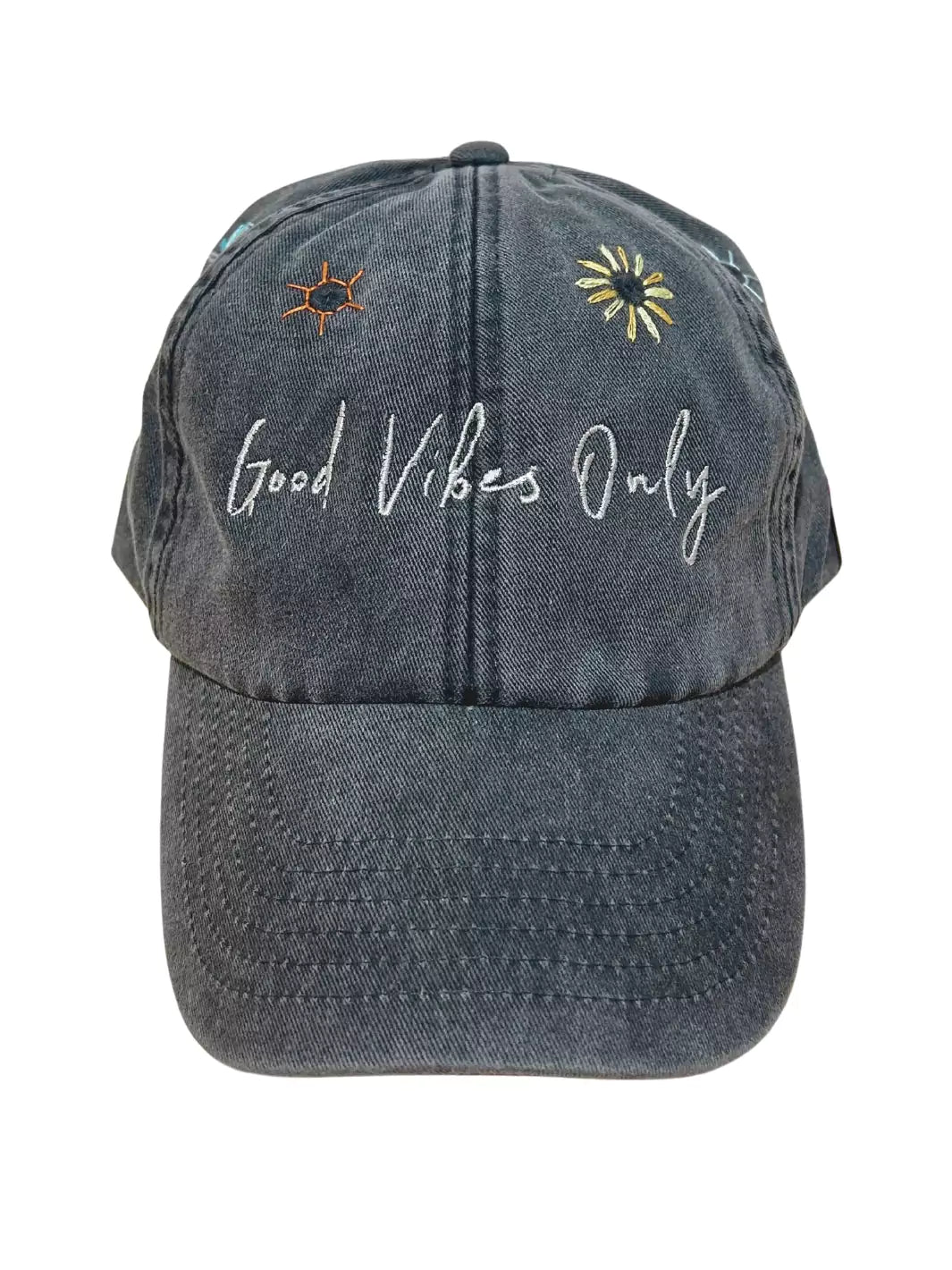 embroidered black baseball cap good vibes only