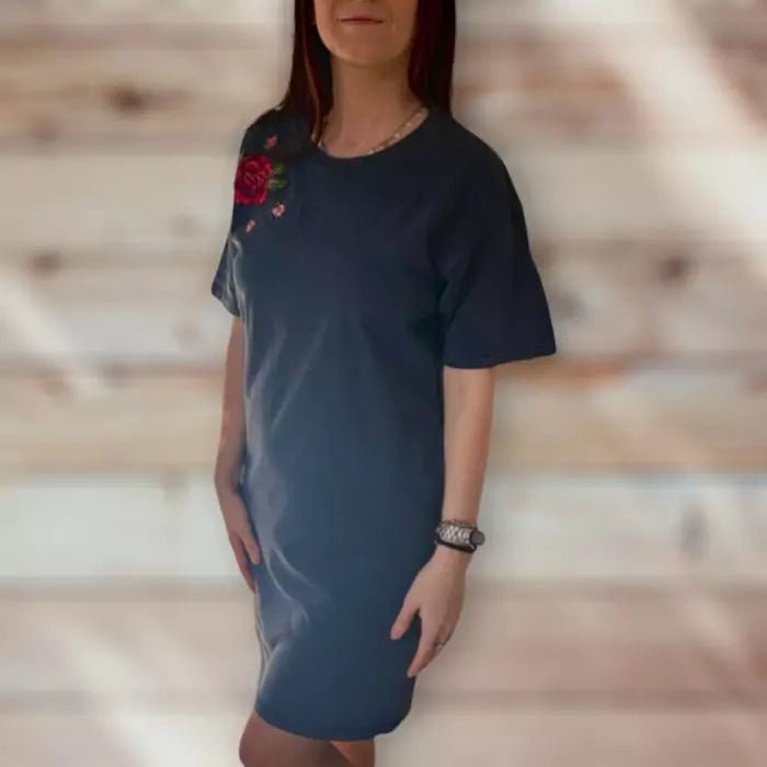 navy blue organic cotton t-shirt dress with flower patch 