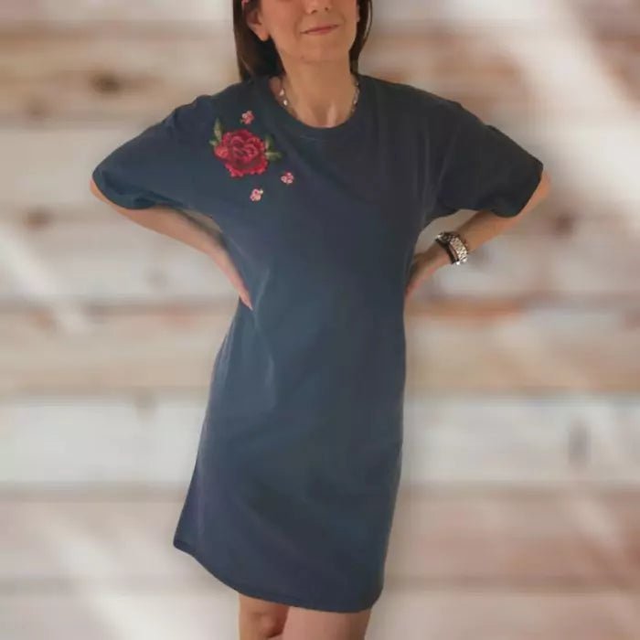 navy blue organic cotton t-shirt dress with flower patch 