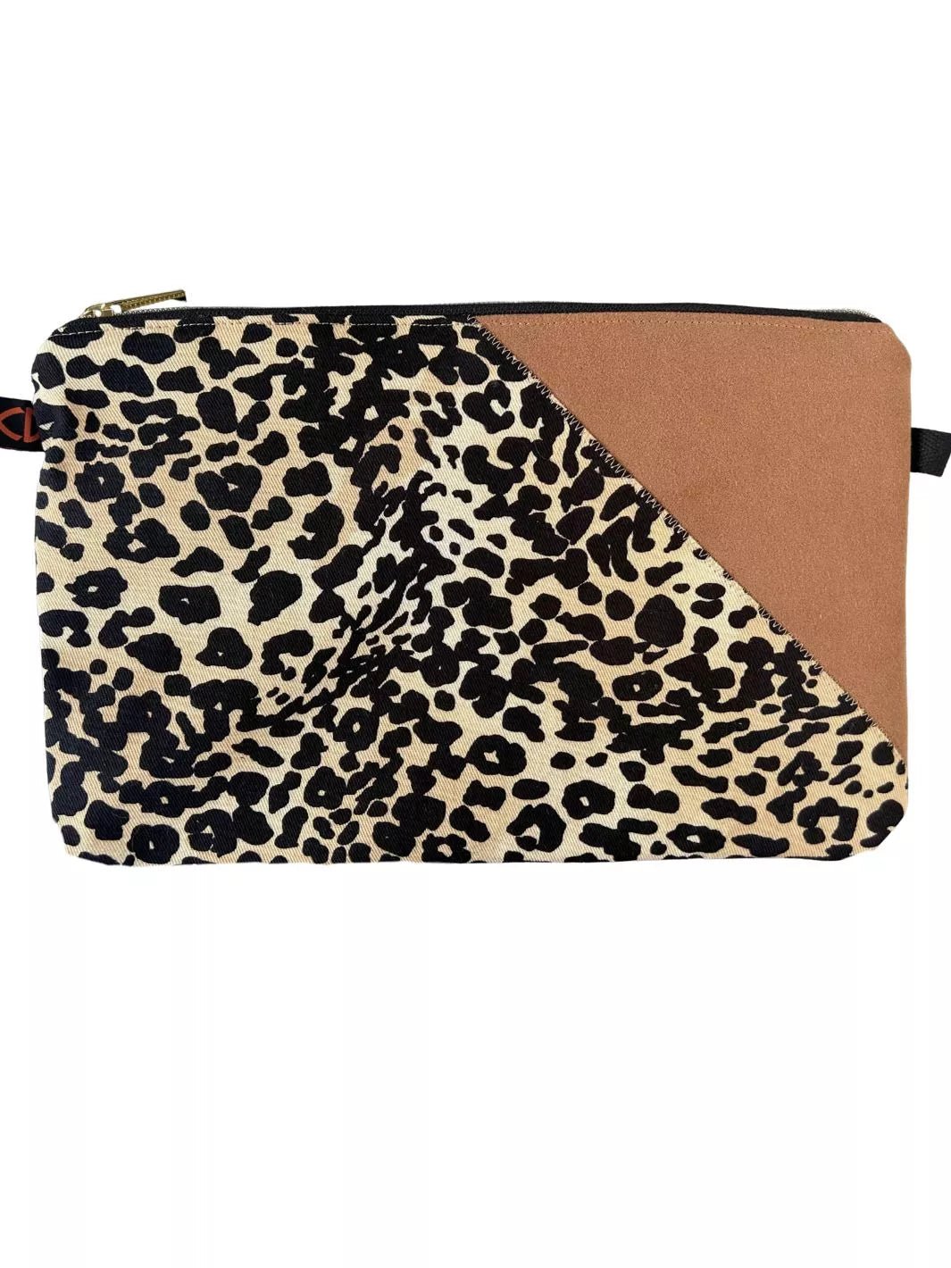 Handmade pouch with beige and black leopard print cotton fabric and light brown Alcantara panel