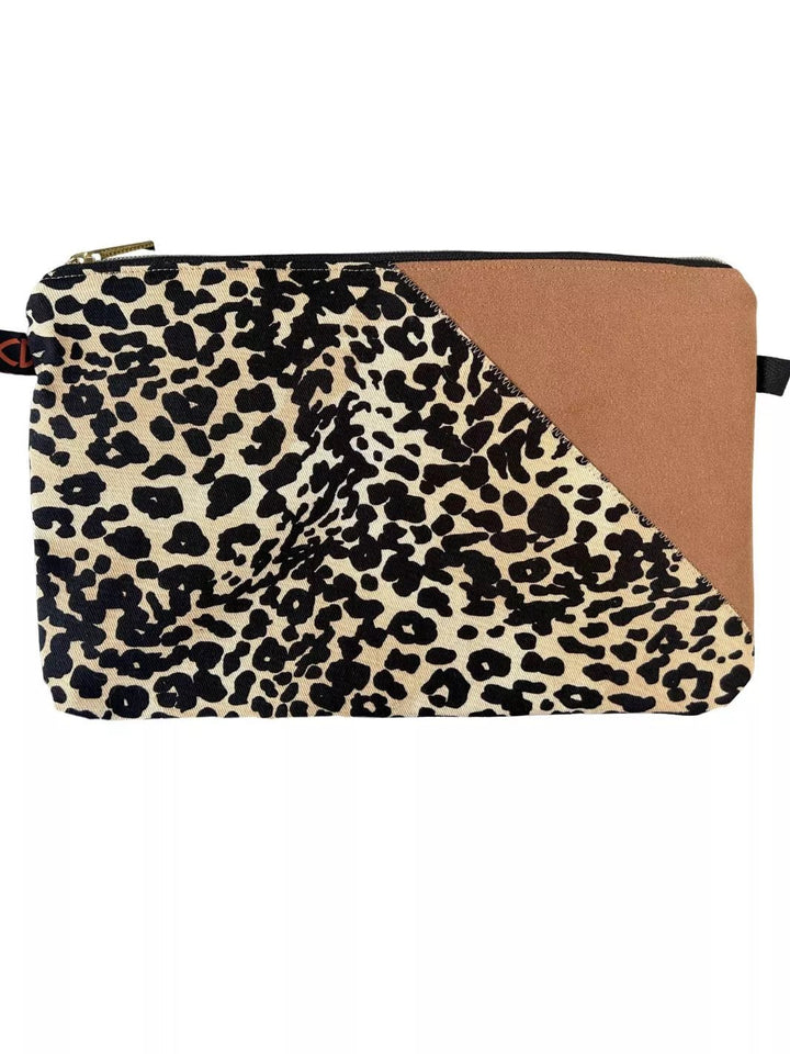 Handmade pouch with beige and black leopard print cotton fabric and light brown Alcantara panel