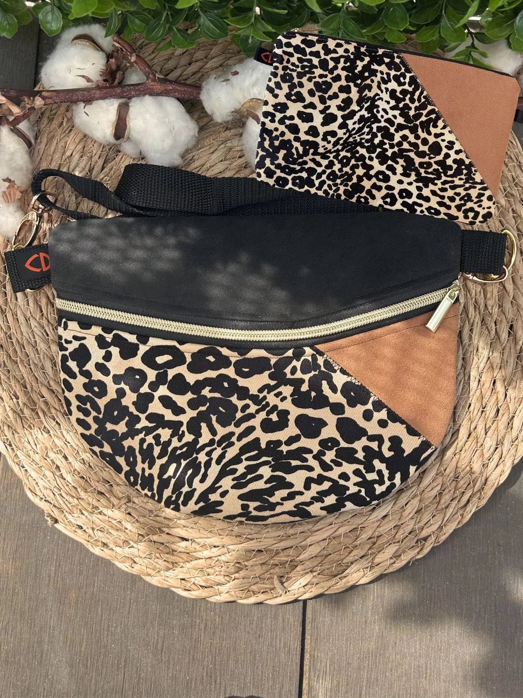 Handmade pouch with beige and black leopard print cotton fabric and light brown Alcantara panel