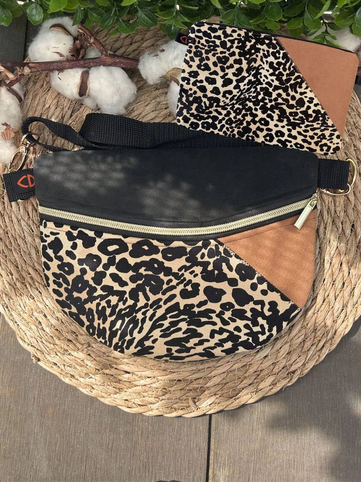 Handmade pouch with beige and black leopard print cotton fabric and light brown Alcantara panel