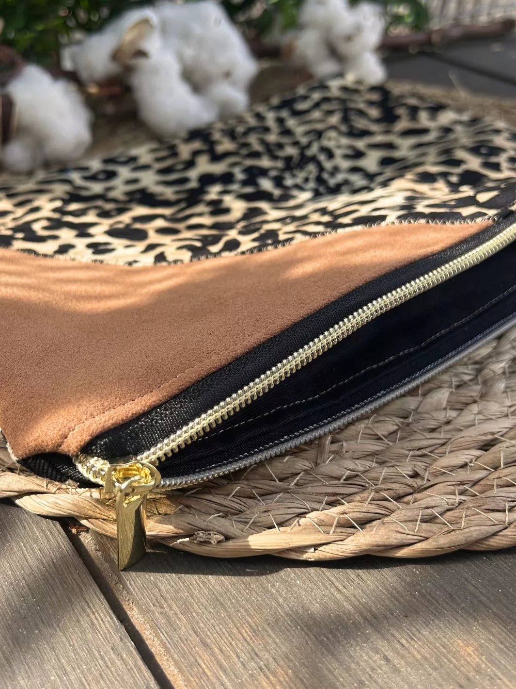 Handmade pouch with beige and black leopard print cotton fabric and light brown Alcantara panel