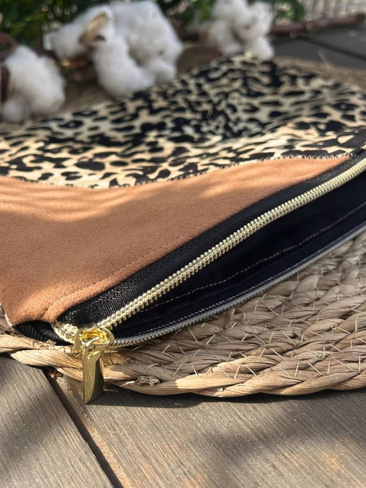 Handmade pouch with beige and black leopard print cotton fabric and light brown Alcantara panel