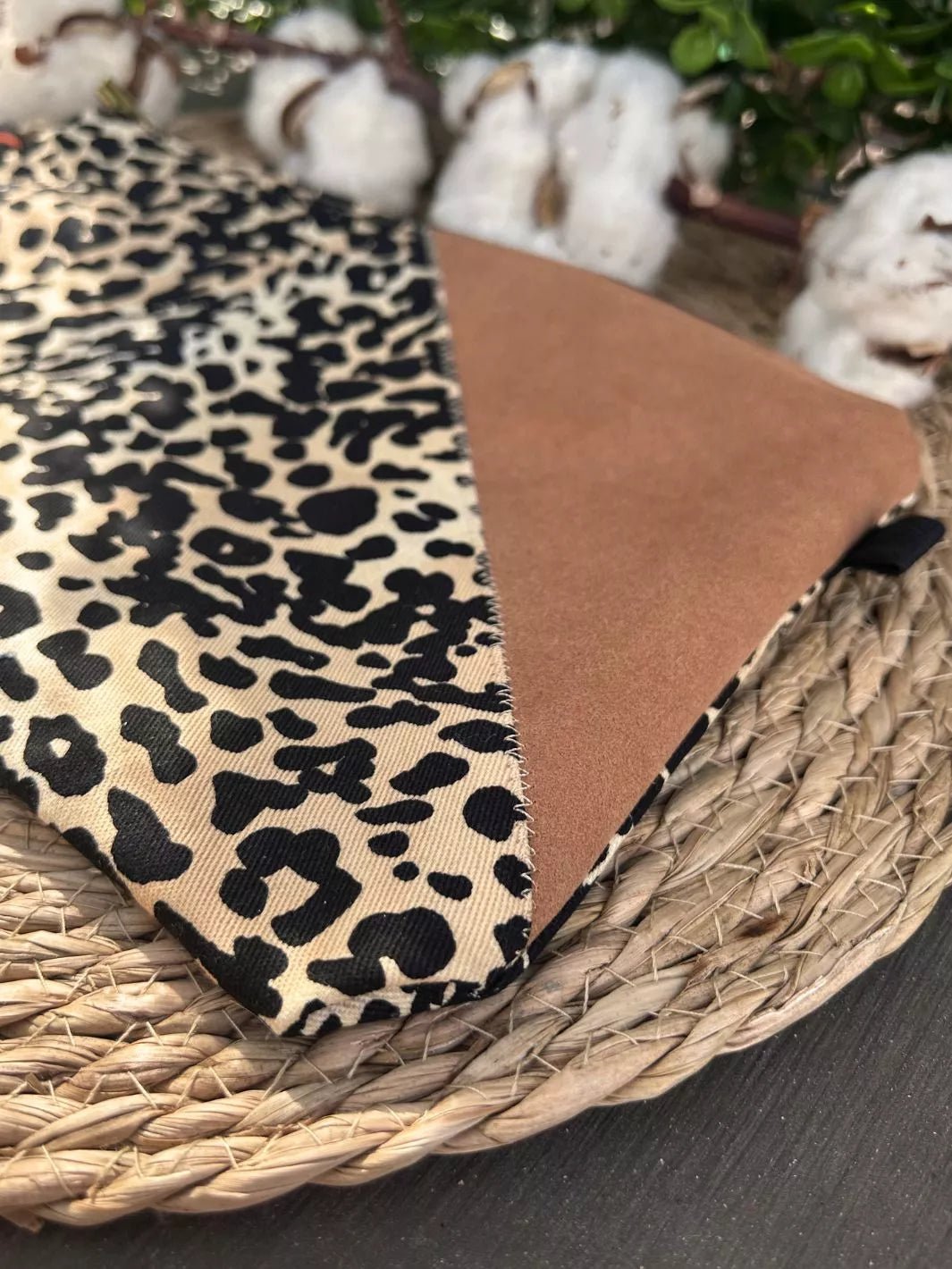 Handmade pouch with beige and black leopard print cotton fabric and light brown Alcantara panel