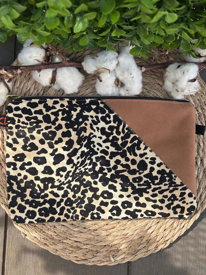 Handmade pouch with beige and black leopard print cotton fabric and light brown Alcantara panel