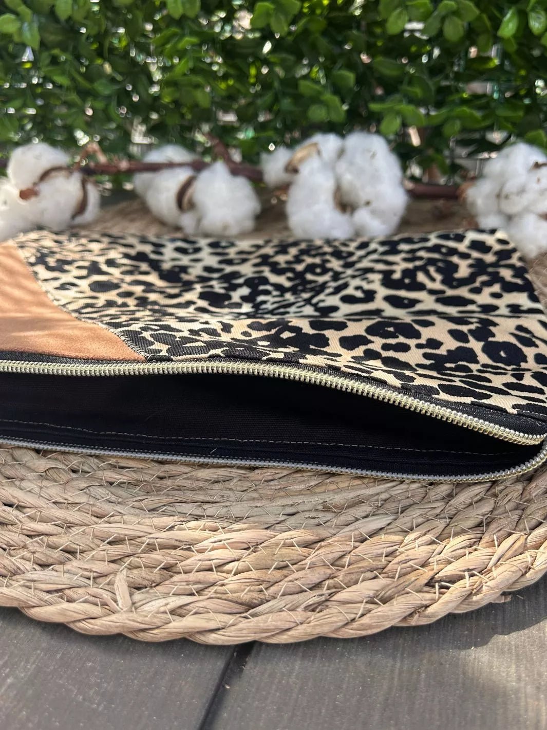 Handmade pouch with beige and black leopard print cotton fabric and light brown Alcantara panel