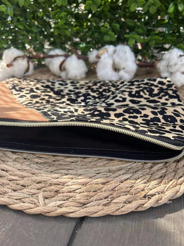 Handmade pouch with beige and black leopard print cotton fabric and light brown Alcantara panel