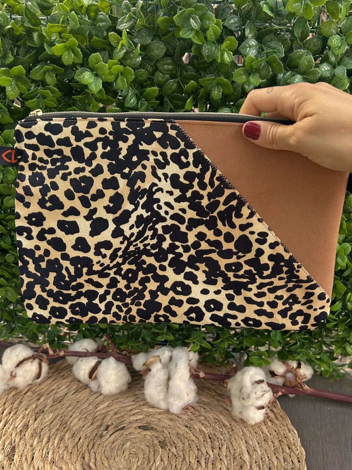 Handmade pouch with beige and black leopard print cotton fabric and light brown Alcantara panel