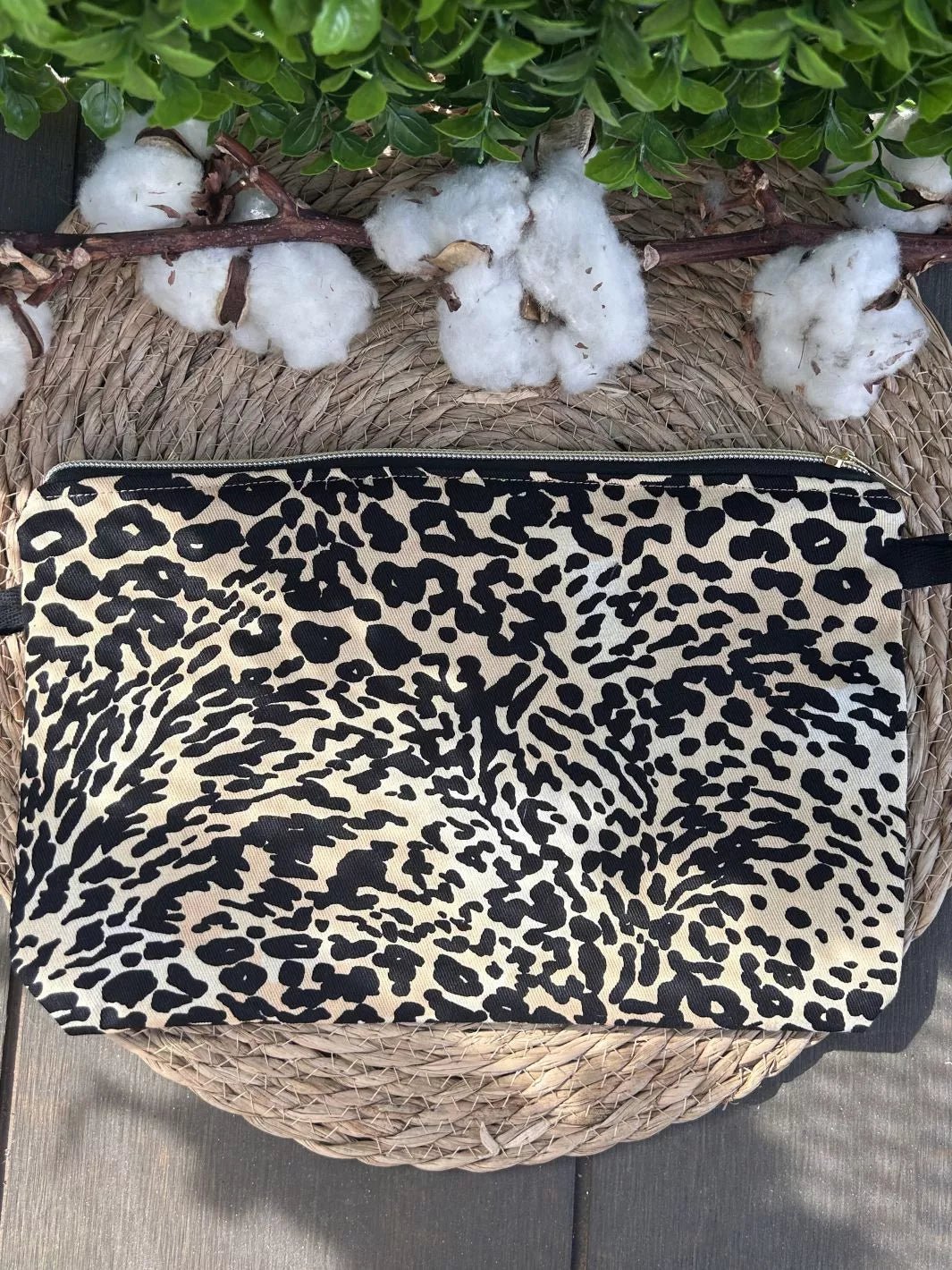 Handmade pouch with beige and black leopard print cotton fabric and light brown Alcantara panel