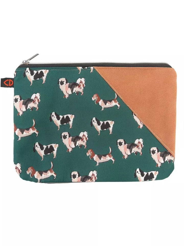 Lucky Paw handmade pouch with forest green dog print cotton fabric and tan Alcantara panel