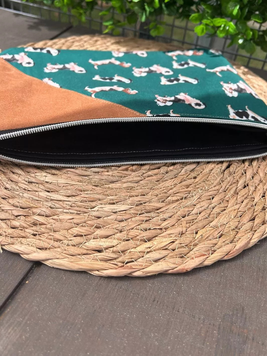 Lucky Paw handmade pouch with forest green dog print cotton fabric and tan Alcantara panel