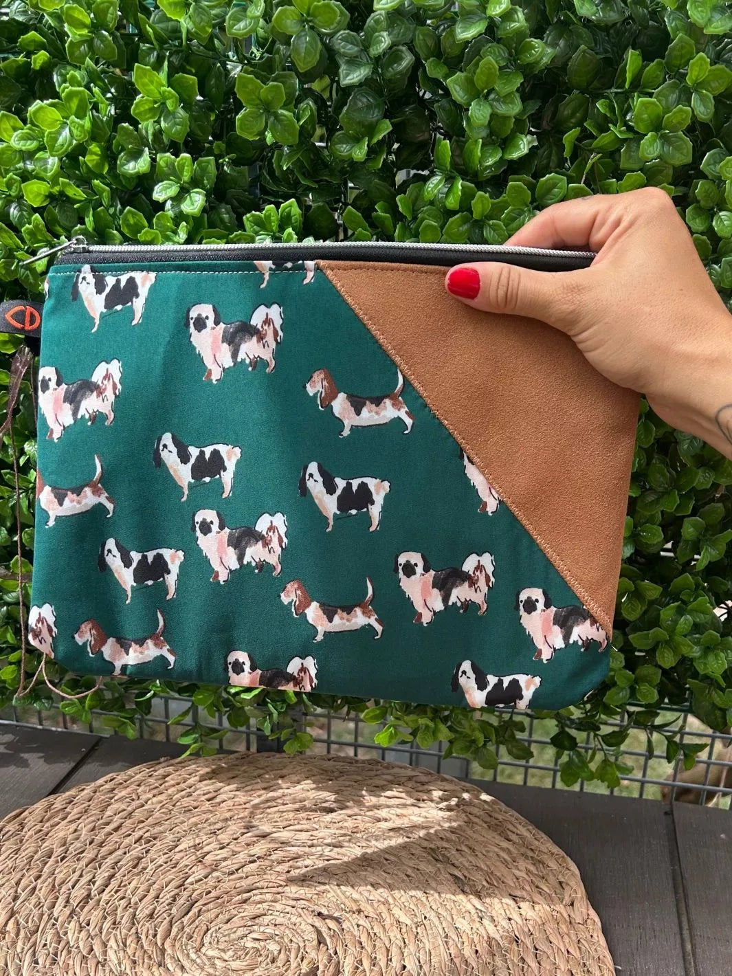 Lucky Paw handmade pouch with forest green dog print cotton fabric and tan Alcantara panel