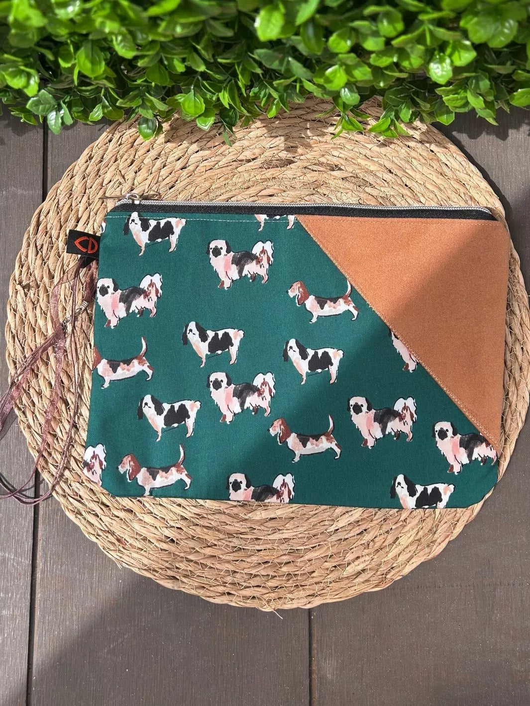 Lucky Paw handmade pouch with forest green dog print cotton fabric and tan Alcantara panel