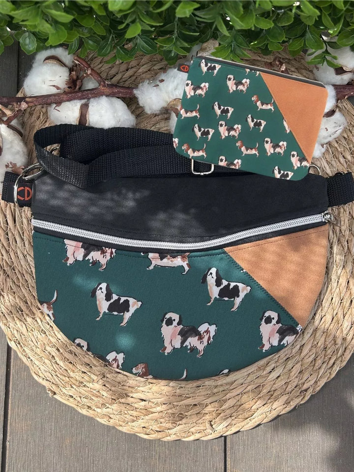 Lucky Paw handmade pouch with forest green dog print cotton fabric and tan Alcantara panel