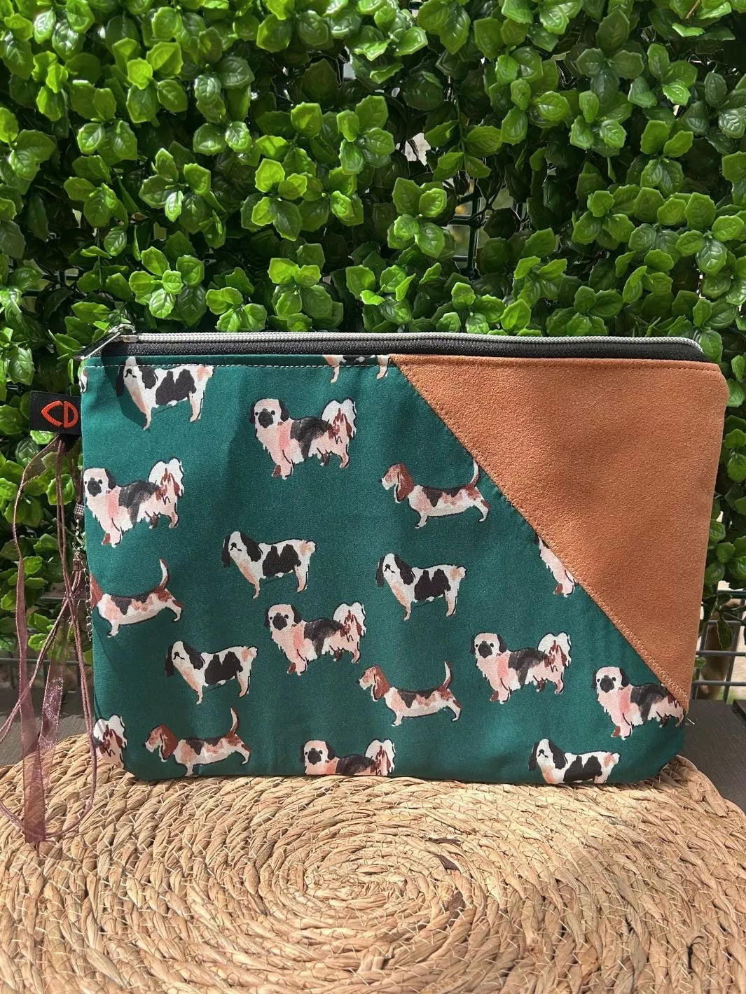 Lucky Paw handmade pouch with forest green dog print cotton fabric and tan Alcantara panel