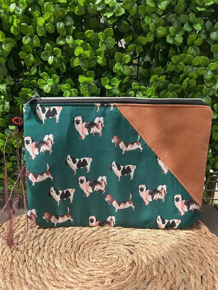 Lucky Paw handmade pouch with forest green dog print cotton fabric and tan Alcantara panel