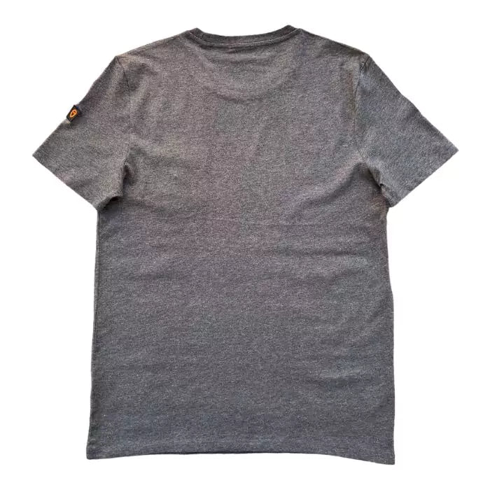 organic cotton t-shirt with yellow striped stitched pocket and matte buttons in the center