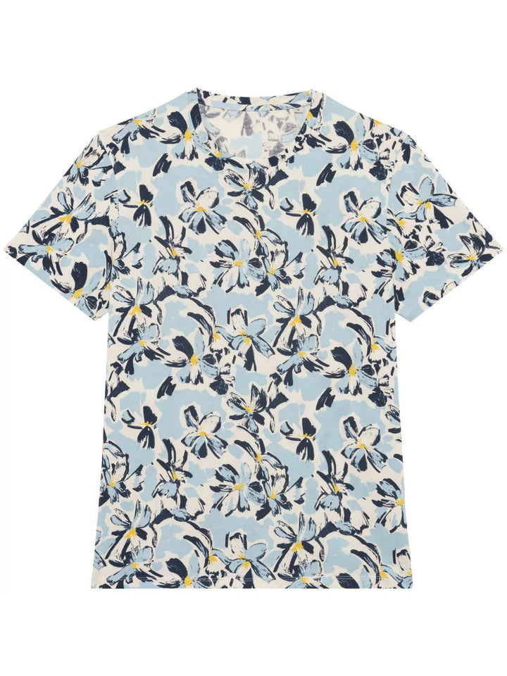 organic cotton t-shirt with all over ivory floral blue