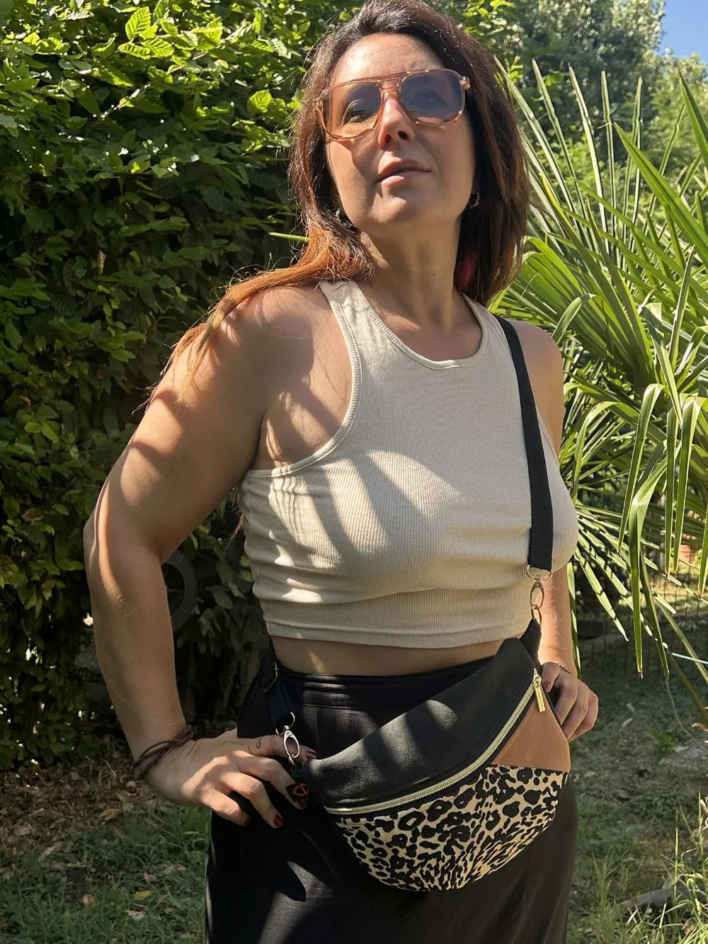 Savana Soul handmade women's crossbody bag crafted in Alcantara and animal print cotton.