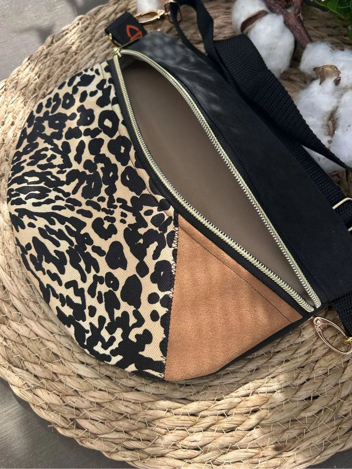 Savana Soul handmade women's crossbody bag crafted in Alcantara and animal print cotton.