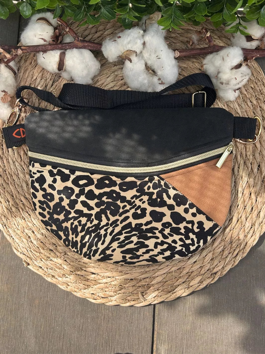 Savana Soul handmade women's crossbody bag crafted in Alcantara and animal print cotton.