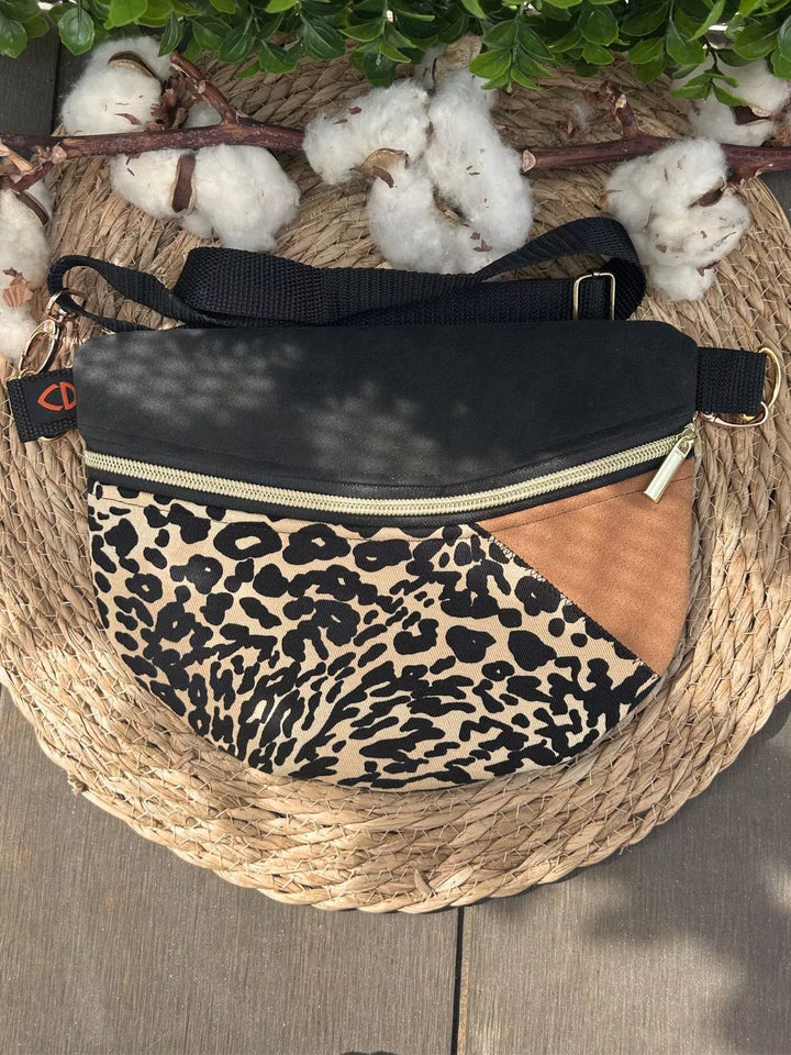 Savana Soul handmade women's crossbody bag crafted in Alcantara and animal print cotton.