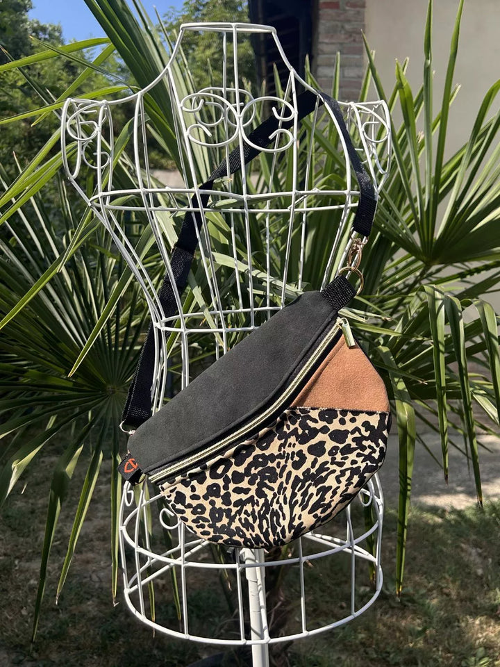 Savana Soul handmade women's crossbody bag crafted in Alcantara and animal print cotton.