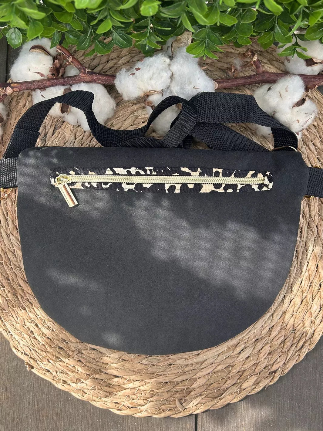 Savana Soul handmade women's crossbody bag crafted in Alcantara and animal print cotton.